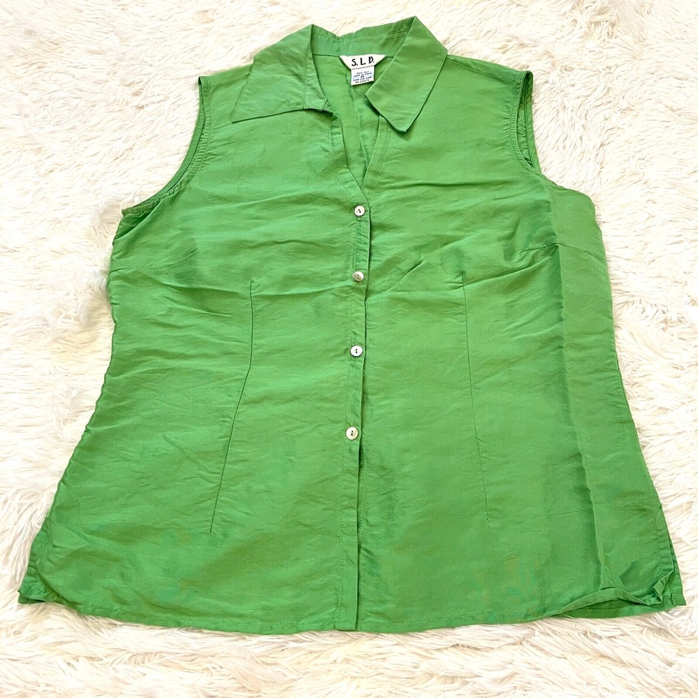SLB Womens Top Silk Button Up Medium Forest‎ Retro Sleeveless Minimalist 14801
